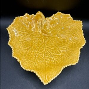 Bordallo Pinheiro Portugal Golden Yellow Tone Grape Leaf Ceramic Dish Plate
